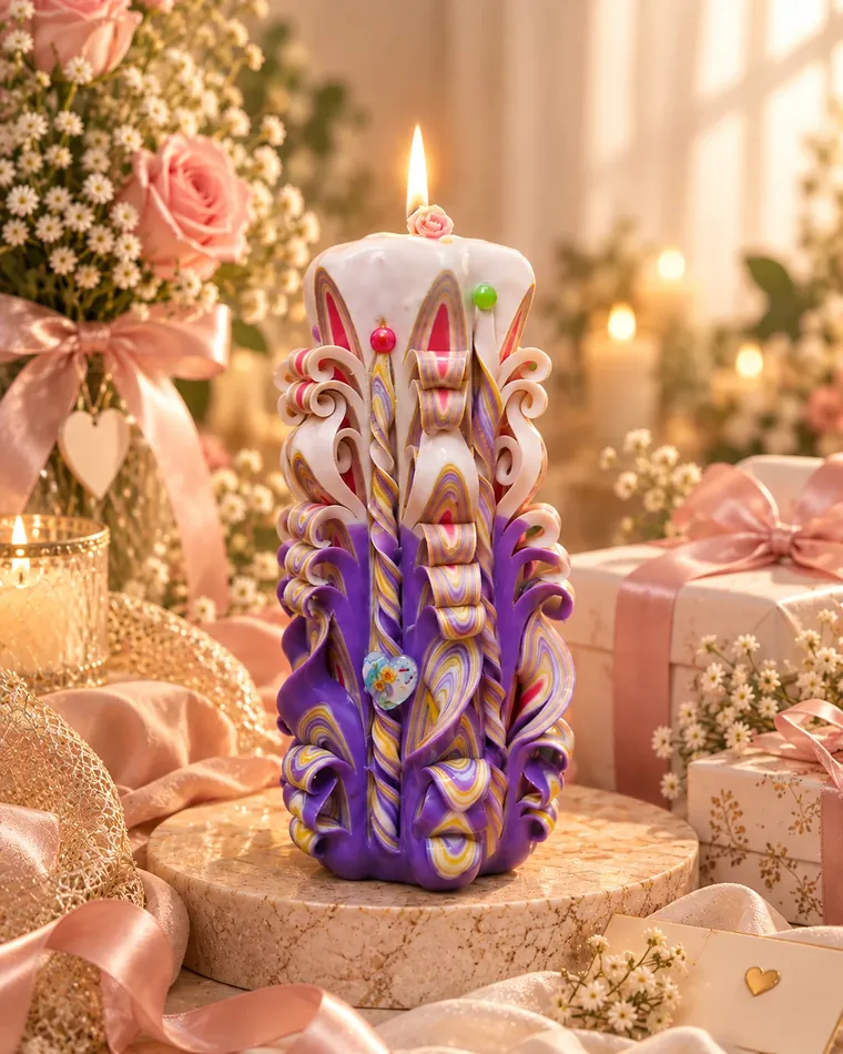 Candela scolpita viola e bianca con una rosellina in cima, tra pacchi regalo