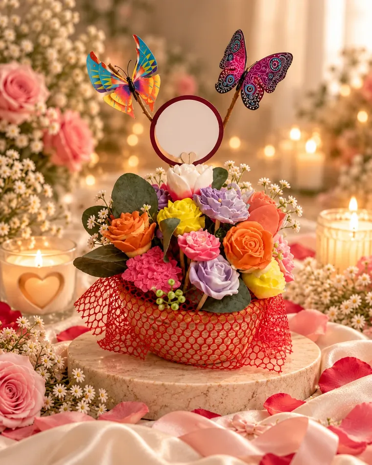 Cesto di fiori colorati con due farfalle