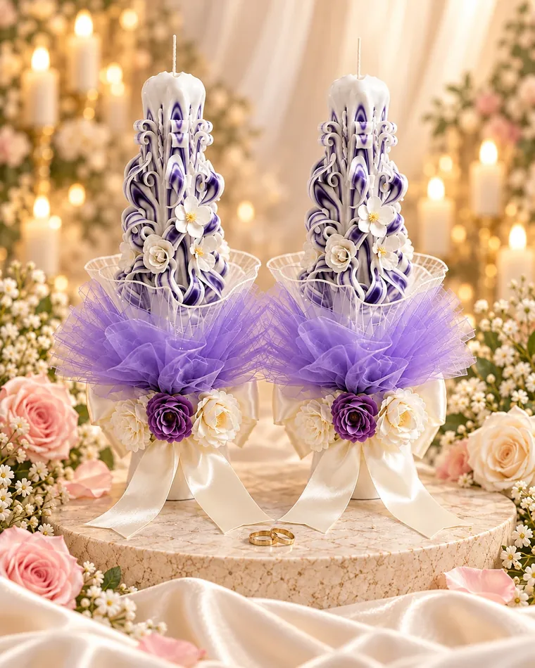 Coppia di candele scolpite viola e bianche con tulle e fedi