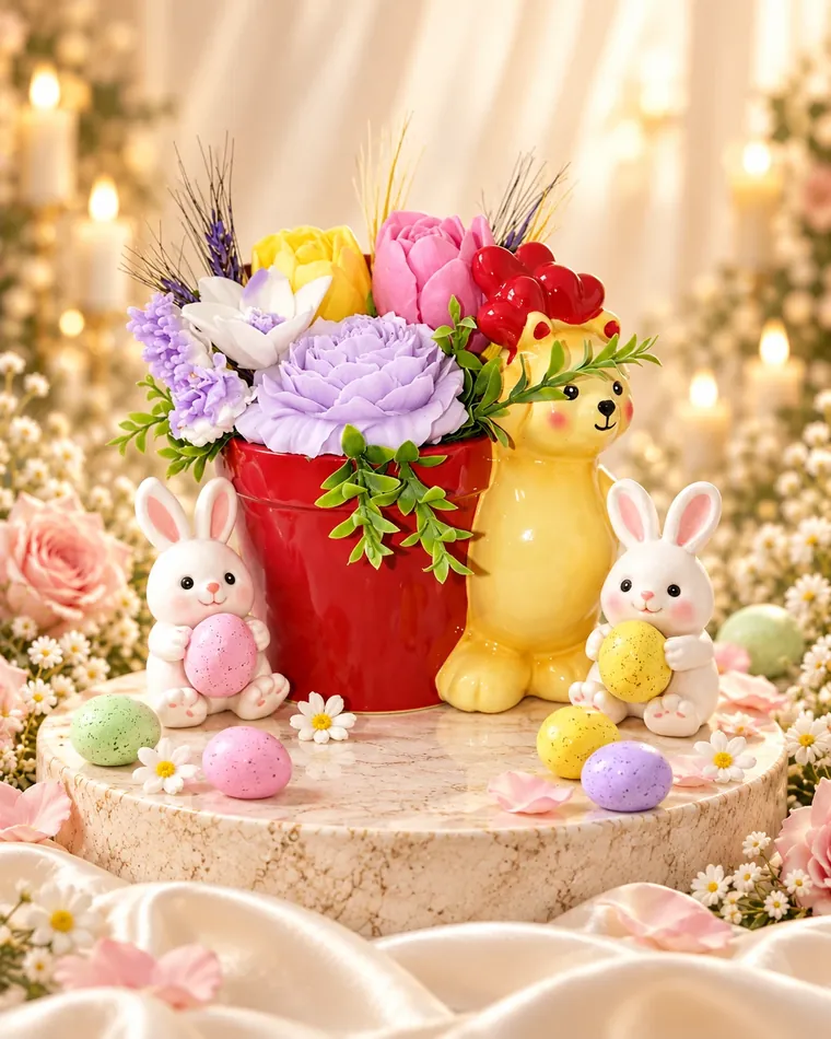 Vaso di fiori con coniglietti e uova di Pasqua