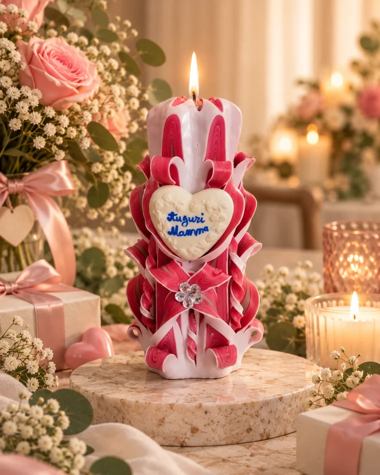 Candela scolpita rossa e bianca con un cuore bianco e la scritta Auguri Mamma, tra rose e pacchi regalo